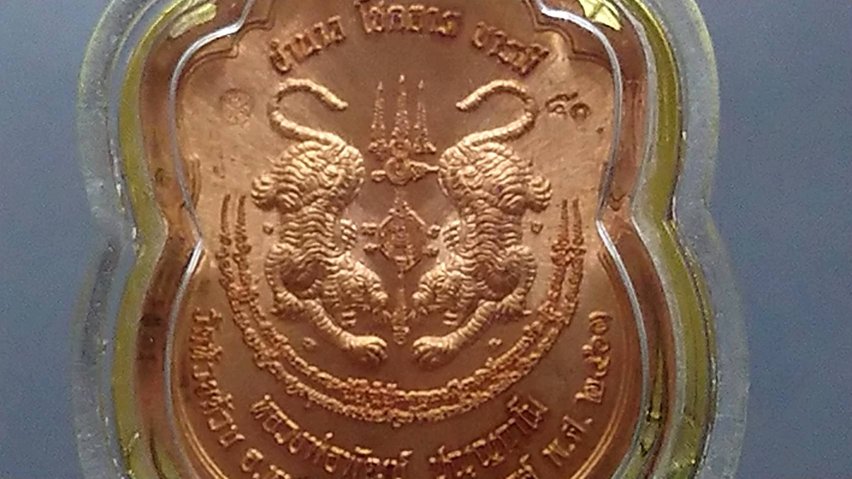 เหรียญเสมาเสือคาบดาบ รุ่น2 เนื้อทองแดง ลงยาขอบแดง ซุ้มน้ำเงิน จีวรส้ม หลวงพ่อพัฒน์ วัดห้วยด้วน โคท 50