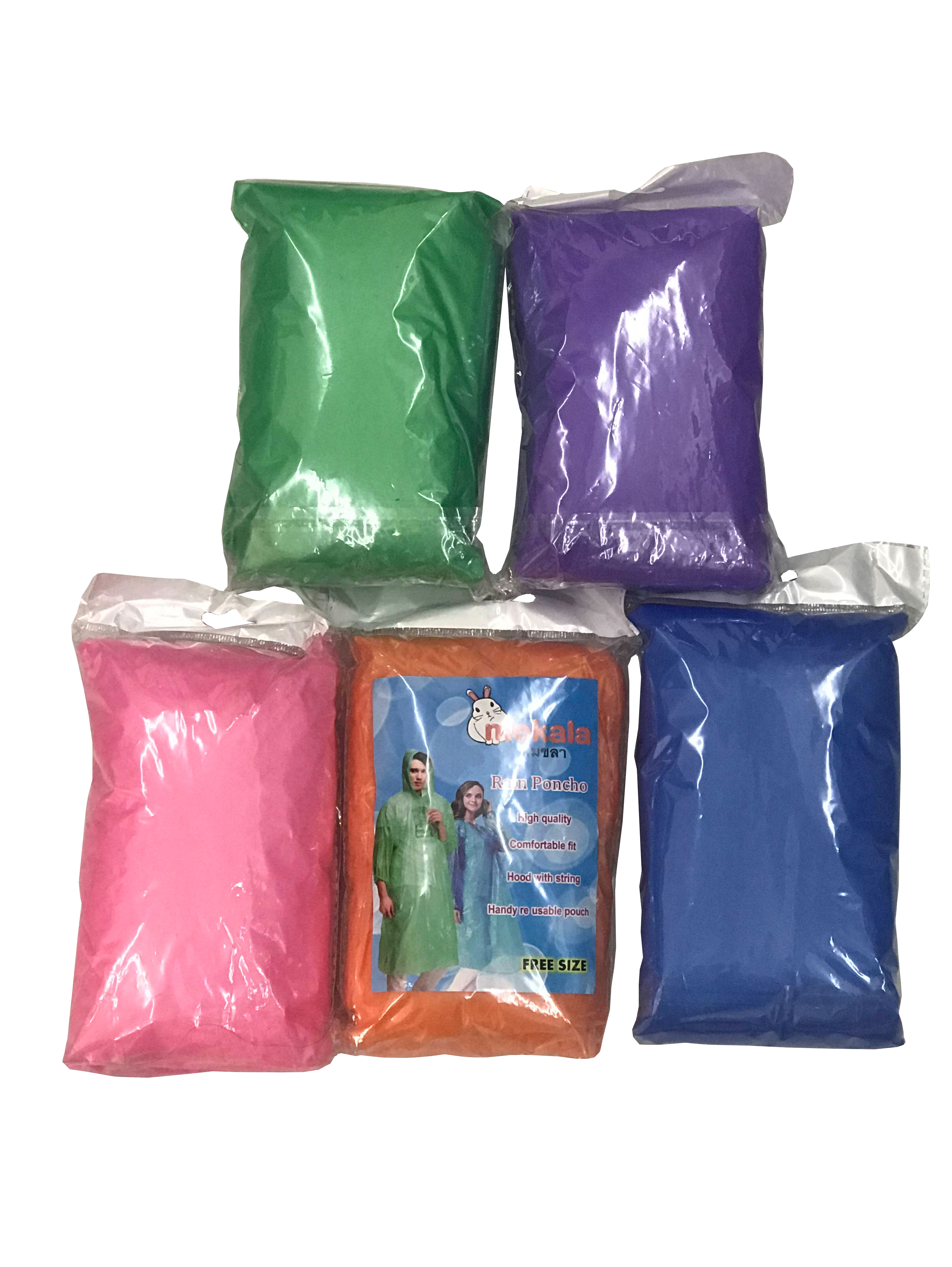 [กล่อง100ตัว] เสื้อฝนใช้แล้วทิ้ง PE ฉลากน้ำเงิน (ชนิดหนา) เนื้อทราย คละสี