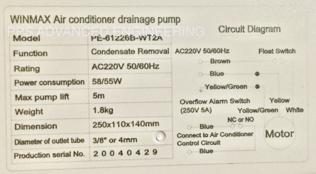 ปั๊มเดรนน้ำทิ้งแอร์(กาลักน้ำ) Exteranl pump Winmax (Hoppy)รุ่น PE61226B / Air conditioner drainage pump : Condensate Removal Pump (สำหรับแอร์ 60,000BTU)