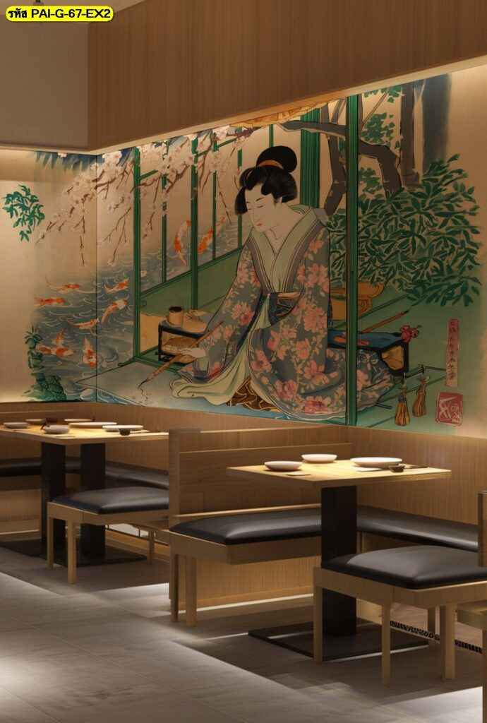 วอลเปเปอร์พิมพ์ลายศิลปะดั้งเดิมโทนอุ่น เน้นรายละเอียดหญิงสาวและบ่อปลา เหมาะตกแต่งร้านอาหารญี่ปุ่น