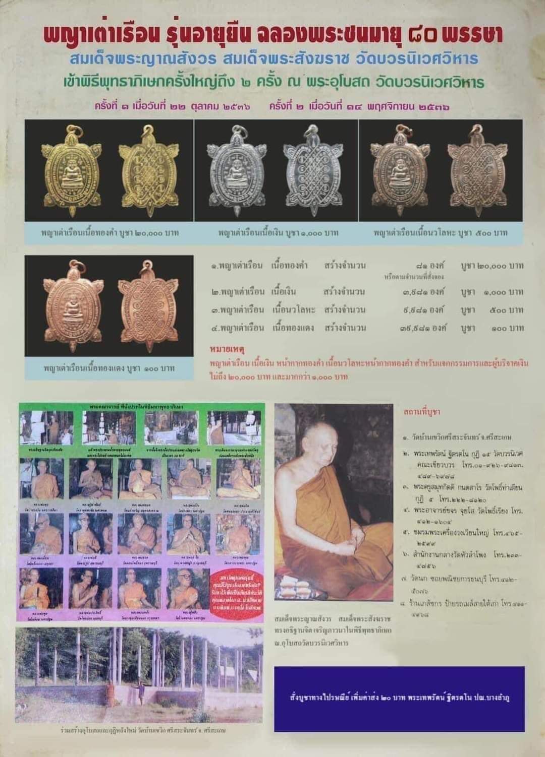 พญาเต่าเรือน รุ่นอายุยืน รุ่นแรก (หลวงปู่หลิวร่วมปลุกเสก) ฉลองพระชนมายุพรรษา 80 พรรษา ญสส สมเด็จพระสังฆราช วัดบวรนิเวศวิหาร ปี 2536