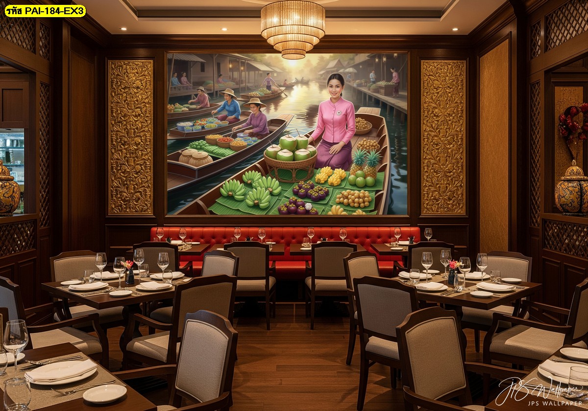 วอลเปเปอร์ลายตลาดน้ำโทนพรีเมียม เหมาะกับห้องอาหารไฟน์ไดน์นิ่ง สร้างความโดดเด่นให้ผนังดูมีมิติและอบอุ่น