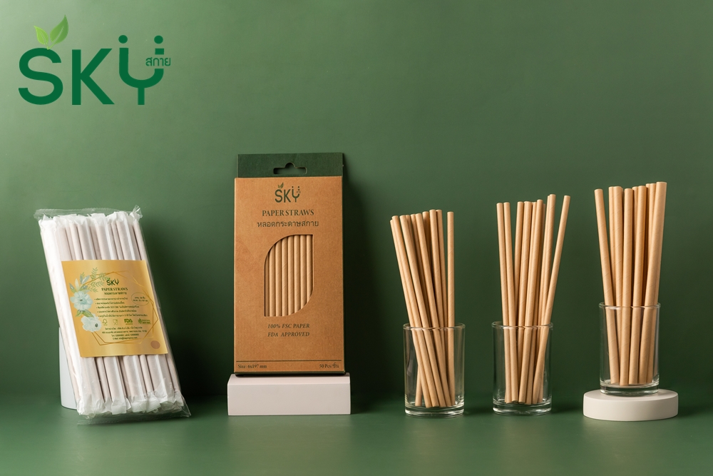 SKY [กล่อง 100ชิ้น] สีน้ำตาล หลอดเยื่อกระดาษธรรมชาติ - ชนิดไม่ห่อกระดาษแยกชิ้น