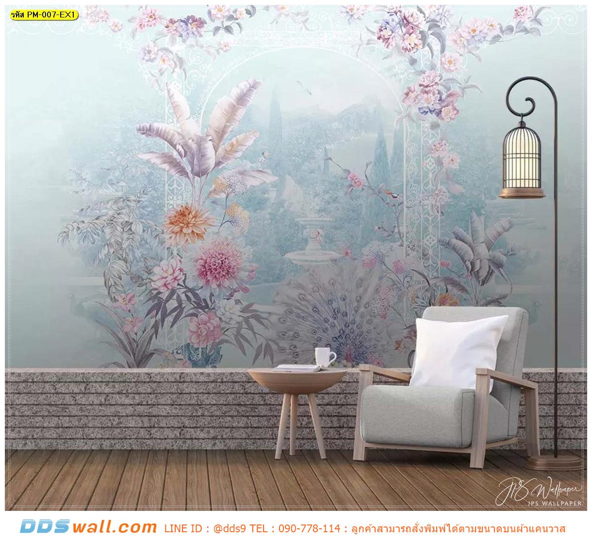 Print wallpaper ตามขนาด ตกแต่งผนังภายในบ้าน ลายซุ้มสวนดอกไม้เกรดพรีเมี่ยมสีฟ้า สร้างเอกลักษณ์ให้โดดเด่น