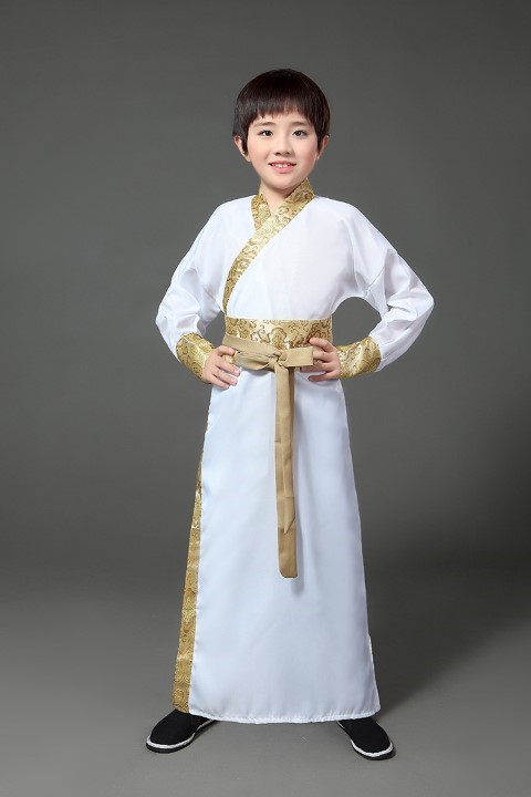 7C139 ชุดเด็กชาย จีนโบราณ ชุดจอมยุทธ ฮั่นฝู ขาว สายรัดทอง Hanfu White GoldBelt