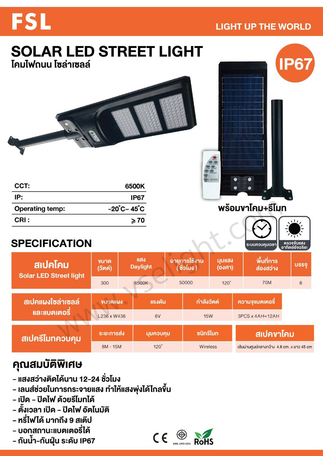 โคมถนนโซลาร์เซลล์ LED Solar Street Light FSL 100w 200w 300w 400w แสงขาว 6500K