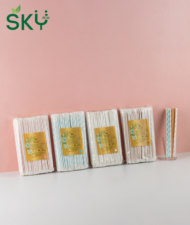SKY [แพ็คห่อพลาสติก 100ชิ้น] สีชมพูริ้วขาว หลอดเยื่อกระดาษธรรมชาติ - ห่อซองกระดาษแยกชิ้น