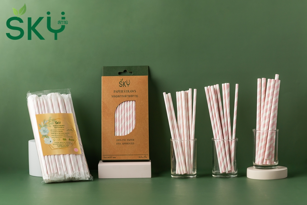 SKY [กล่อง 100ชิ้น] สีชมพูริ้วขาว หลอดเยื่อกระดาษธรรมชาติ - ชนิดไม่ห่อกระดาษแยกชิ้น