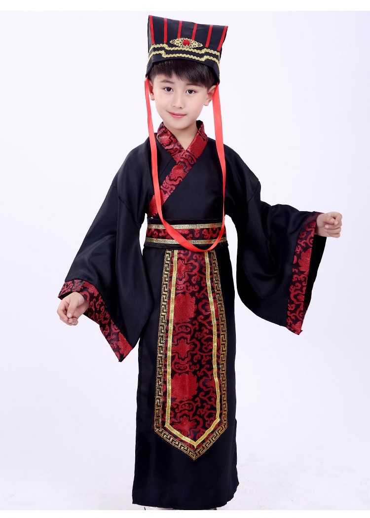 7C119 ชุดเด็กชาย จีนโบราณ ชุดจอมยุทธ ฮั่นฝู ดำ ผ้าแถบห้อยแดง Hanfu Black RedFrontBar