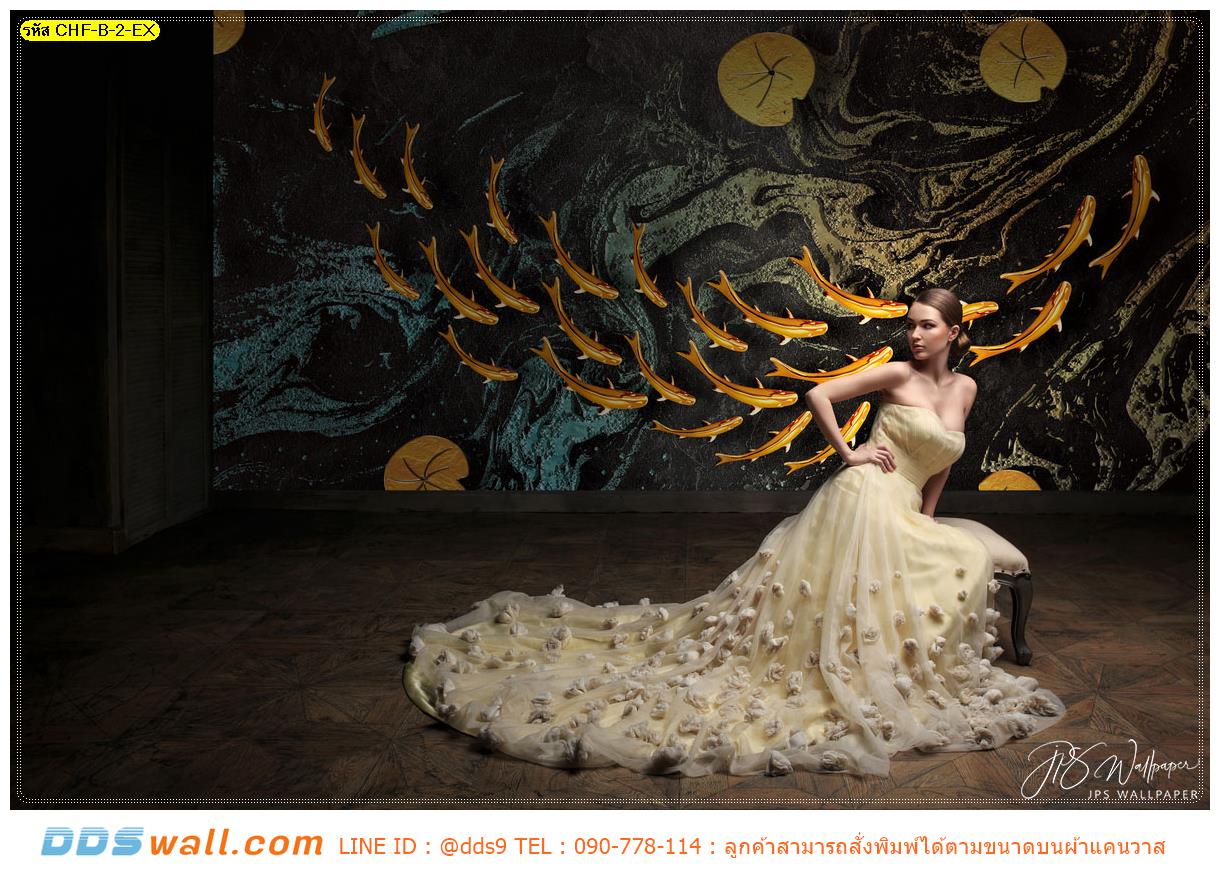 พิมพ์ ภาพศิลปะ ผ้าCanvas ตามขนาด ตกแต่งผนังกำแพงภาพ ภาพกราฟฟิกปลาคาร์ฟสีทองว่ายเป็นฝูง พื้นหลังเป็นคลื่นน้ำทะเล ดูงดงาม มีความเก๋เท่ห์