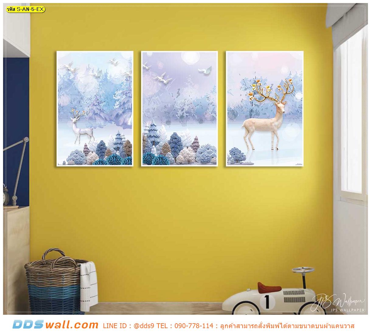 ภาพแคนวาส แต่งห้องเด็กเล่น ภาพใส่กรอบสั่งพิมพ์ ลายกวางท่ามกลางหิมะ สีหวานละมุนตา