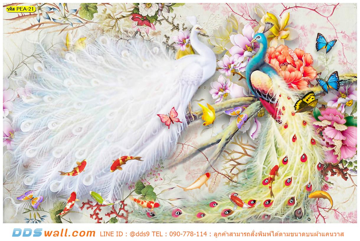 วอลเปเปอร์ภาพวิว พิมพ์บนผ้า Canvas ลายนกยูงสีขาวเเละสีอ่อนหวาน ลดความตรึงเครียดในห้องทำงาน สร้างบรรยากาศให้ไม่รู้สึกอึดอัด