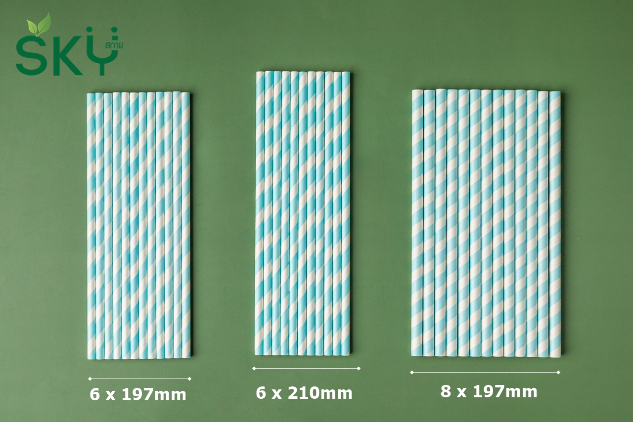 SKY [กล่อง 100ชิ้น] สีฟ้าริ้วขาว หลอดเยื่อกระดาษธรรมชาติ - ชนิดไม่ห่อกระดาษแยกชิ้น