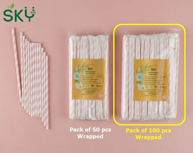 SKY [แพ็คห่อพลาสติก 100ชิ้น] สีชมพูริ้วขาว หลอดเยื่อกระดาษธรรมชาติ - ห่อซองกระดาษแยกชิ้น