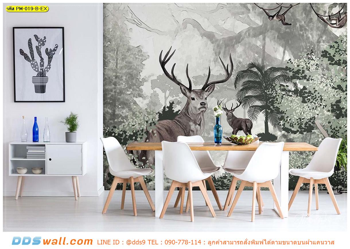 Print ภาพศิลปะ ผ้าCanvas ตกแต่งห้องอาหาร ติดวอลเปเปอร์ลายกวางในสวนป่าโทนสีสมูท สวยเรียบง่าย
