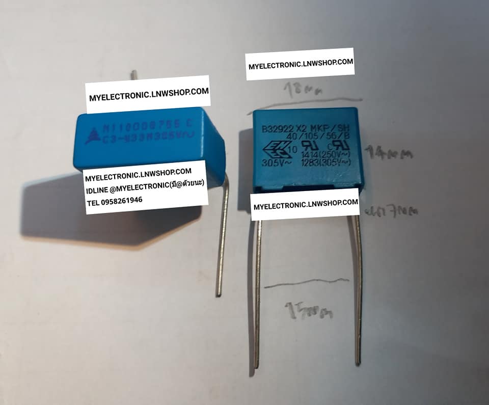 ขาย 0.33UF305V , 330NF305V , 0.33UF 305V , 330NF305V คาปาซิเตอร์ โพลีโพไพลีน CAPACITOR POLY MKP ขาห่าง15มม. 15MM. ราคาตัวละ บาท