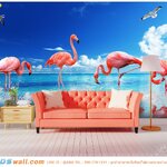 วอลเปเปอร์พิมพ์ลายวิวทะเล ตกแต่งห้องนั่งเล่น โทนสีพาสเทลสวยๆ