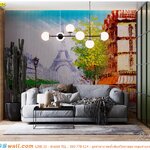 วอลเปเปอร์ภาพวิว มาตรฐานส่งออก แต่งแต้มผนังห้องนั่งเล่น ภาพวาดสีน้ำมันวิวปารีส ทันสมัย