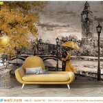 พิมพ์ ผ้าแคนวาสเต็มผนัง ห้องรับแขก ด้วยภาพวาดคู่รักและหอนาฬิกาบิ๊กเบน ทำให้รู้สึกสดชื่น มีชีวิตชีวา