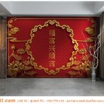 พิมพ์วอลเปเปอร์ ผ้าแคนวาส ตกแต่งผนังภายในบ้าน ภาพอักษรจีนมงคลและดอกบัวสีทองพื้นหลังสีแดง เสริมความมงคล มีความหมายไปในทางบวก