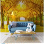 พิมพ์วอลเปเปอร์ หมึกเช็ดได้ เพิ่มบรรยากาศห้องนั่งเล่น ด้วยภาพวาดต้นไม้สีเหลืองทอง ให้ดูอบอุ่น น่าพักผ่อน