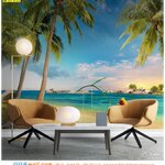 วอลเปเปอร์สั่งทำผ้าซาตินตกแต่งห้องรับแขก ด้วยวอลเปเปอร์ลายวิวทะเล