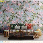 ภาพศิลปะ ผ้าCanvas ติดห้องนั่งเล่น ลายกิ่งดอกไม้พื้นฟ้า สไตล์ทรอปิคอล