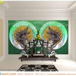 ไอเดียจัดห้องพระ ฉากหลังโต๊ะหมู่บูชา ภาพลายไทยพญานาคล้อมดวงจันทร์พื้นหลังสีเขียว คุณภาพดี สีสวยคมชัด