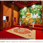 สั่ง print wallpaper ฉากหลังพระประธาน ภายในพระอุโบสถ ตกแต่งด้วยภาพลายลิขสิทธิ์ต้นโพธิ์ใหญ่พื้นหลังน้ำตกและดอกบัว สดชื่น สวยงาม