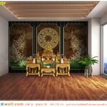 ร้านที่รับพิมพ์ภาพ wallpaper ประดับผนังห้องฟังธรรมแบบคิ้ว กรุผนังลายไทยพญานาคธรรมจักรพื้นสีเขียว สงบ ผ่อนคลาย