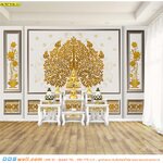 อุปกรณ์แต่งห้องพระเรียบง่าย เลือกใช้วอลเปเปอร์สั่งพิมพ์กรุผนังลายไทยต้นโพธิ์ดอกบัวหลวงพื้นสีขาว สวย สะอาดตา