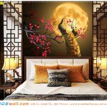 วอลเปเปอร์พิมพ์ลาย ตกแต่งบ้านสไตล์จีน แต่งหัวเตียงสวยๆ ภาพนกยูงและพระจันทร์ งดงามเสริมฮวงจุ้ยเรื่องความรัก