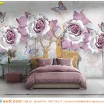 ผลิต wallpaper ตกแต่งห้องนอน ลายกวางทองและดอกไม้ โทนสีชมพูขาวสวยๆ