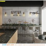 วอลเปเปอร์สั่งพิมพ์ภาพแคนวาส ลาย Coffee พื้นหลังอาคารและเครื่องบิน ติดร้านอาหาร