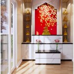 ไอเดียจัดห้องพระบ้านที่มีพื้นที่จำกัด ห้องพระแบบแนวตั้ง ลายใบโพธิ์ปลิวลม พื้นหลังสีแดง เพื่อความสมส่วนและสวยงาม