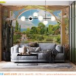 พิมพ์วอลเปเปอร์ คุณภาพส่งออก ออกเเบบห้องนั่งเล่นให้เข้ากับบรรยากาศสวนสไตล์ยุโรปเขตร้อน ดูมีคลาสเเละทันสมัย