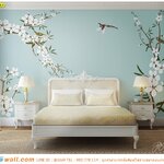 พิมพ์ ภาพแคนวาสเต็มผนัง ตกแต่งห้องนอน ดอกไม้จีนลายดอกไม้สีขาวพื้นหลังสีฟ้าสดใส ราคาถูก ไม่อึดอัด