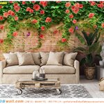 รับทำวอลเปเปอร์พิมพ์ลายดอกกุหลาบบนกำแพงอิฐ ตกแต่งห้องนั่งเล่น สไตล์ลอฟท์