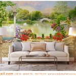 พิมพ์วอลเปเปอร์ แต่งห้องนั่งเล่น ลายสวนดอกไม้เเบบยุโรป หรูหรา โรเเมนติก