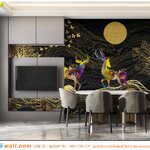 วอลเปเปอร์ภาพวิว แต่งผนังห้องกินข้าว ลายกวางฉากหลังสีทอง เส้นสีดำทอง คืนพระจันทร์เต็มดวง หรูหรา ทันสมัย