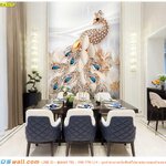รับติด ภาพศิลปะ ผ้าCanvas แต่งห้องอาหาร ลายนกยูงบนดอกไม้พื้นขาว ดูดี สง่างาม