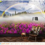 วอลเปเปอร์ติดผนังภาพวิว ราคาไม่แพง ตกแต่งมุมนั่งอ่านหนังสือ ลายดอกไม้สีม่วงกับสายรุ้ง ที่ให้บรรยากาศที่ปลอดโปร่ง