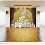 ผลิต wallpaper แบบห้องพระ ประดับภาพสั่งพิมพ์ ลายไทยมือถือดอกบัวในวงพระจันทร์พื้นหลังสีน้ำตาล เรียบง่าย ให้ความรู้สึกอบอุ่น