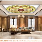 พิมพ์ ผ้าแคนวาสเต็มผนัง ทำรูปฝ้าเพดาน เเบบลวดลายวงกลมคลาสสิค สีเหลืองสว่าง เพิ่มความหรูหรา ติดตั้งแชนเดอเลียร์ไว้ตรงกลางพื้นภาพเพดาน เป็นจุดเด่นตรงกลางบ้าน