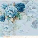 วอลเปเปอร์ภาพวาดระบายสีน้ำดอกไม้สีฟ้า ติดห้องนั่งเล่น น่ารัก สดใส