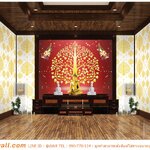 รูปลายไทยแต่งห้องพระลายต้นโพธิ์เทพพนม พื้นสีแดง-ทอง สวยสง่า มีราศี