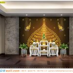 ขาย wallpaper ภาพวิว ลายต้นโพธิ์ เทพพนมคู่ ตกแต่งห้องพระ พื้นสีน้ำตาล สุภาพ สวยงามลงตัว