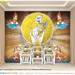 บริการ พิมพ์วอลเปเปอร์ห้องพระ ลายไทยมือถือดอกบัววงกลมสีทองกับเทพพนมพื้นหลังสีน้ำตาล สีสดใส