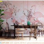 วอลเปเปอร์ภาพวิว ตกแต่งผนังห้องรับแขก ลายฟลามิงโก้ หวานๆ