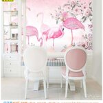 วอลเปเปอร์พิมพ์ลายฝูงนกฟลามิงโก้ในสวนดอกไม้สีชมพู ราคาถูก ตกแต่งห้องสีชมพู สุดฟรุ้งฟริ้ง โทนพาสเทล